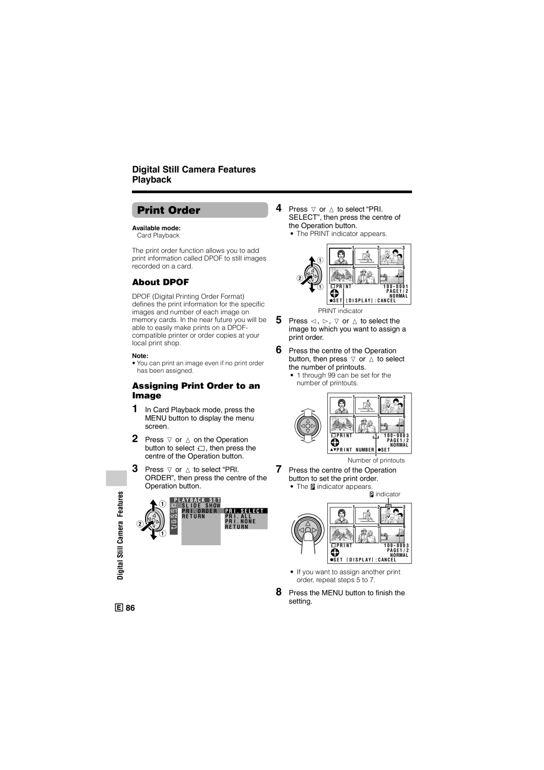 Sharp VL-Z500E operation manual About Dpof, Assigning Print Order to an Image, Press l or m to select PRI 