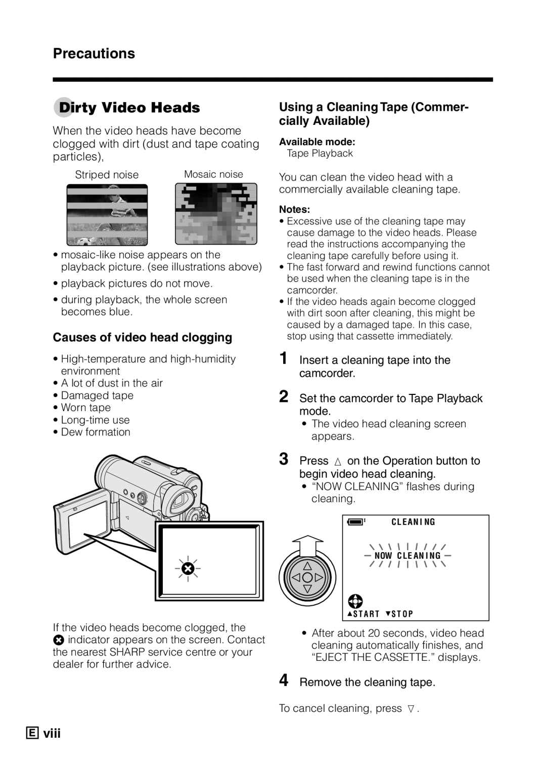 Sharp VL-Z5E Precautions Dirty Video Heads, Causes of video head clogging, Using a Cleaning Tape Commer- cially Available 