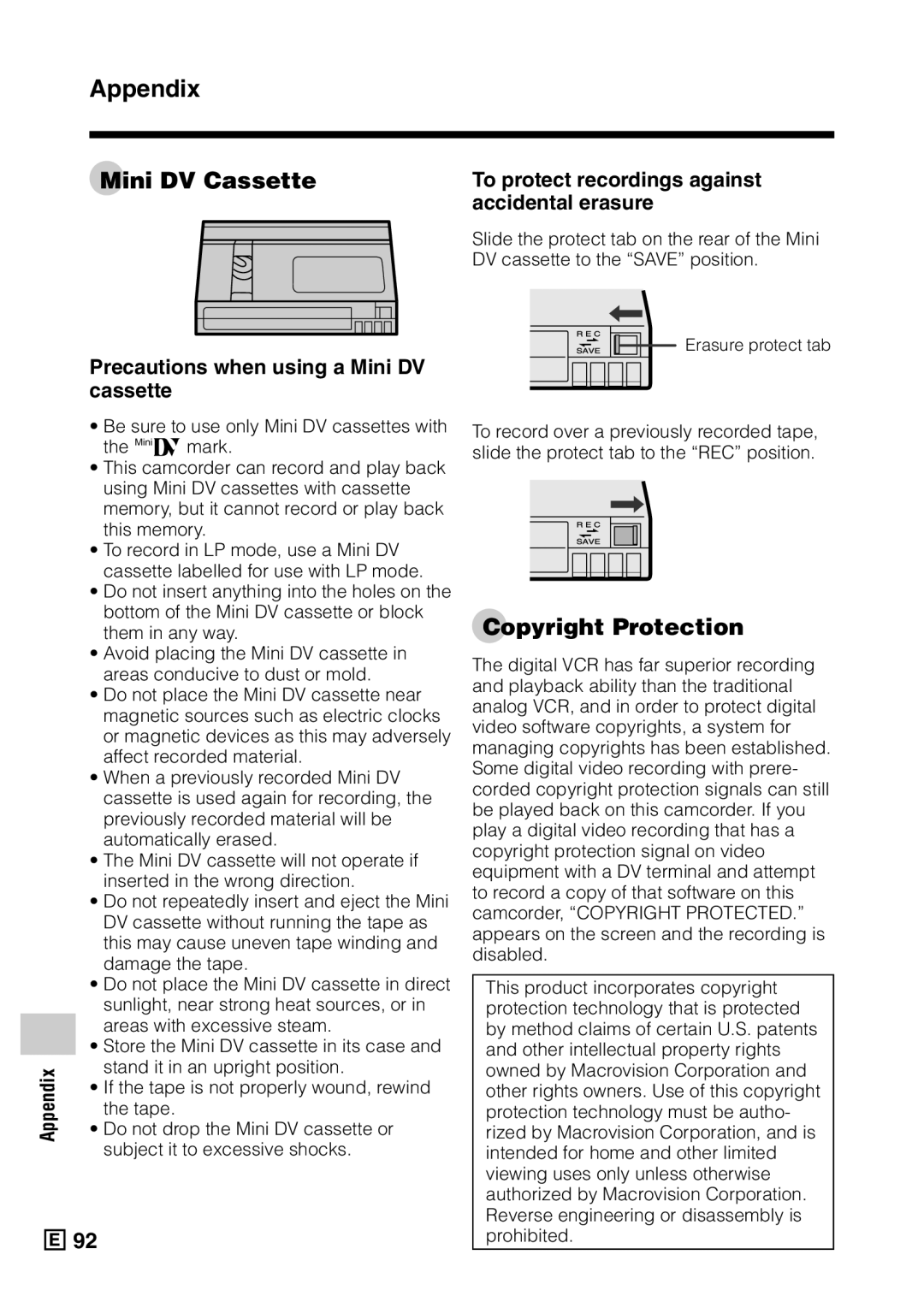 Sharp VL-Z5E operation manual Appendix Mini DV Cassette, Copyright Protection, Accidental erasure 