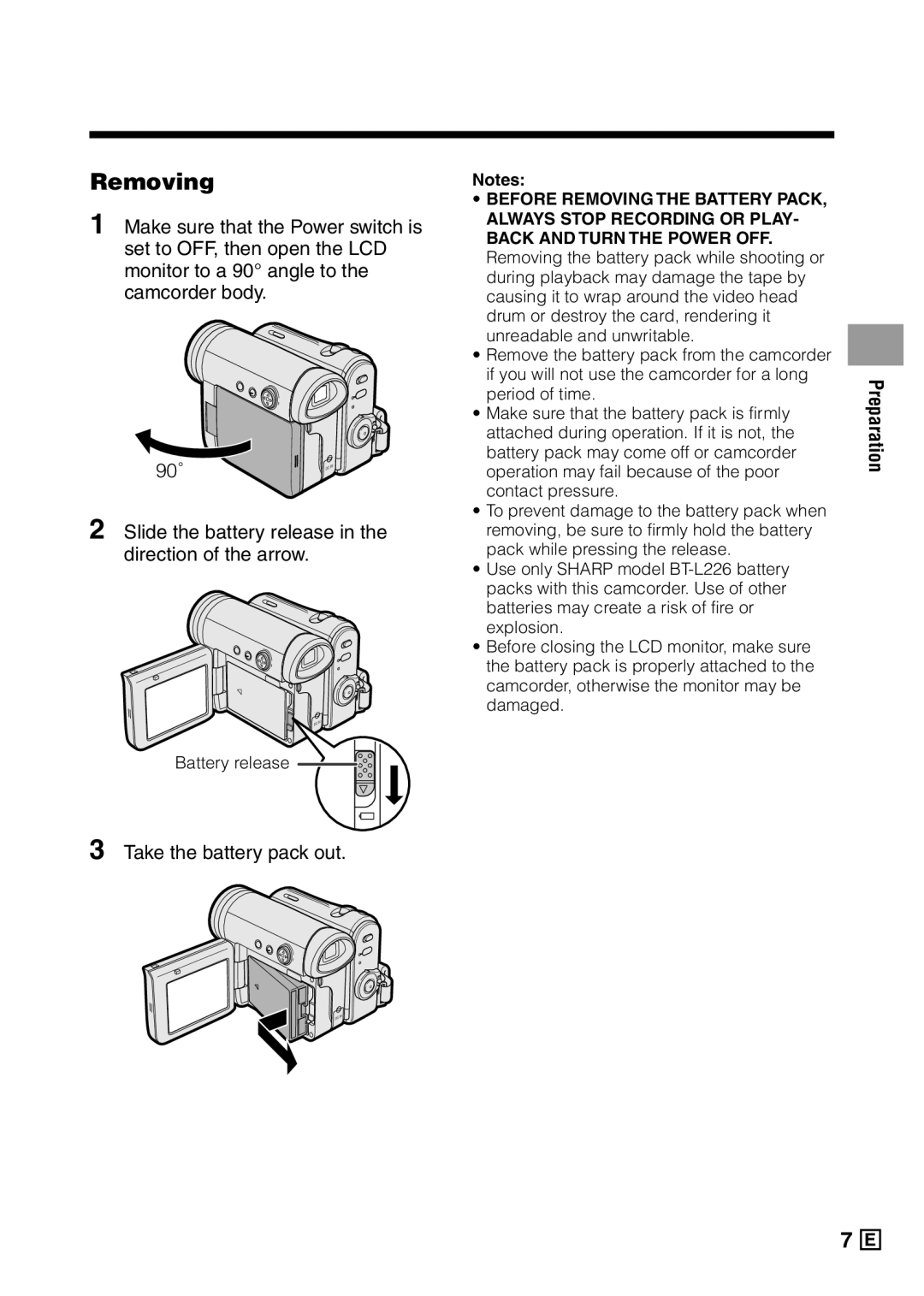 Sharp VL-Z5E operation manual Removing, Take the battery pack out 