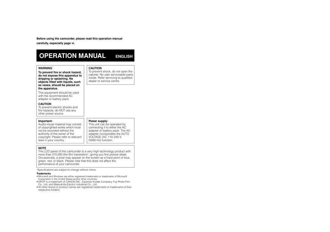 Sharp VL-Z5E operation manual Specifications are subject to change without notice, Trademarks 