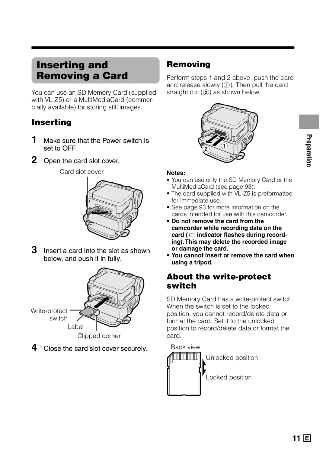 Sharp VL-Z5E operation manual Inserting Removing a Card, About the write-protect switch, Close the card slot cover securely 