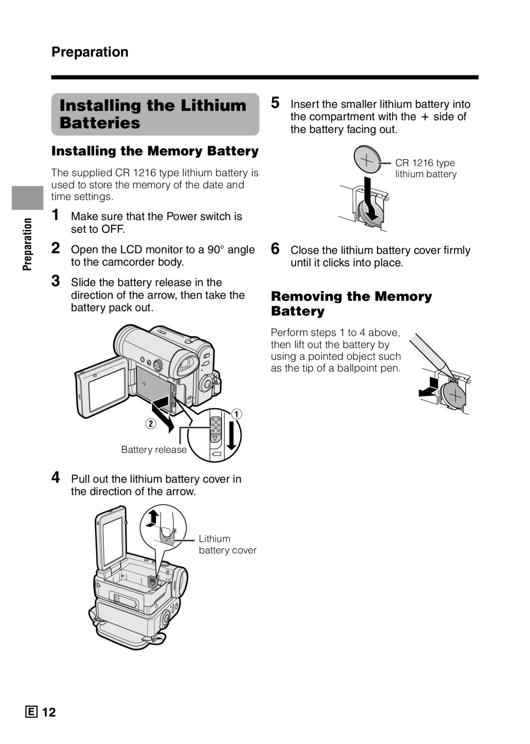 Sharp VL-Z5E operation manual Installing the Lithium Batteries, Installing the Memory Battery, Removing the Memory Battery 