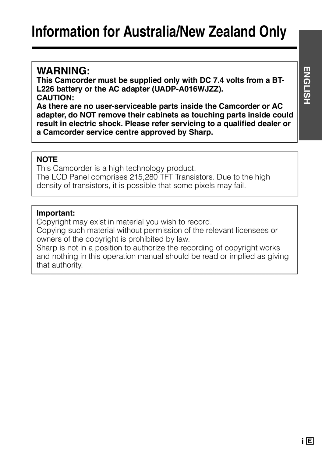 Sharp VL-Z5E operation manual Information for Australia/New Zealand Only 