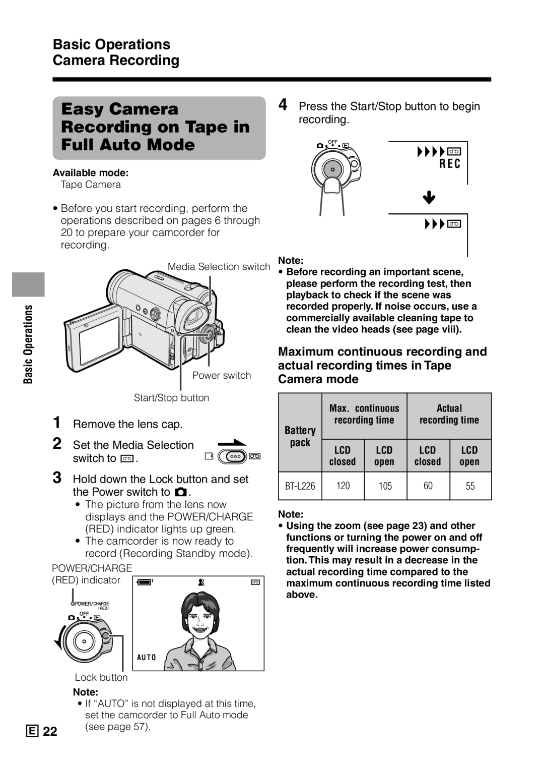 Sharp VL-Z5E operation manual Easy Camera Recording on Tape in Full Auto Mode, Basic Operations Camera Recording 