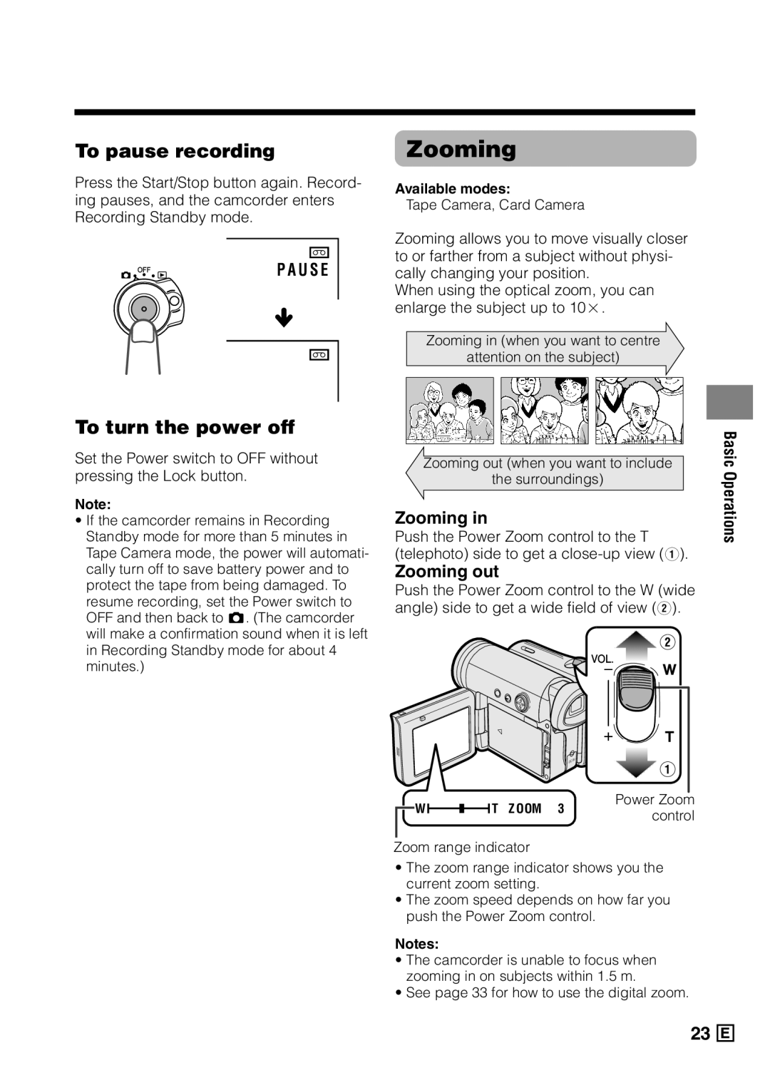 Sharp VL-Z5E operation manual To pause recording, To turn the power off, Zooming out 