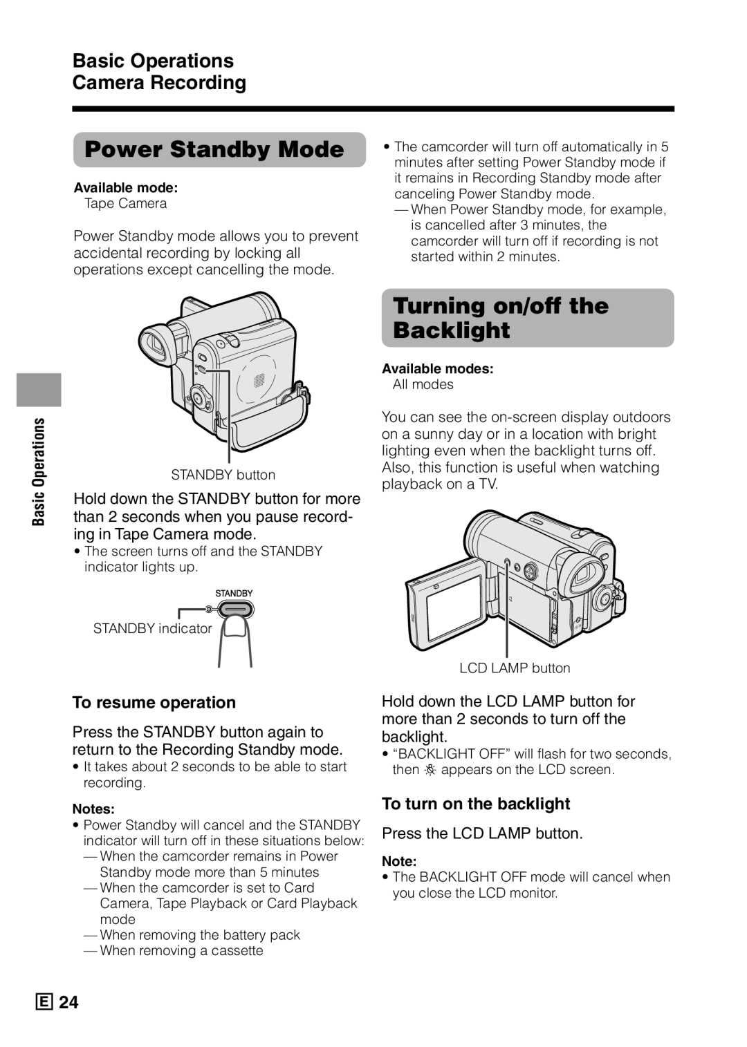 Sharp VL-Z5E operation manual Power Standby Mode, Turning on/off Backlight, To resume operation, To turn on the backlight 