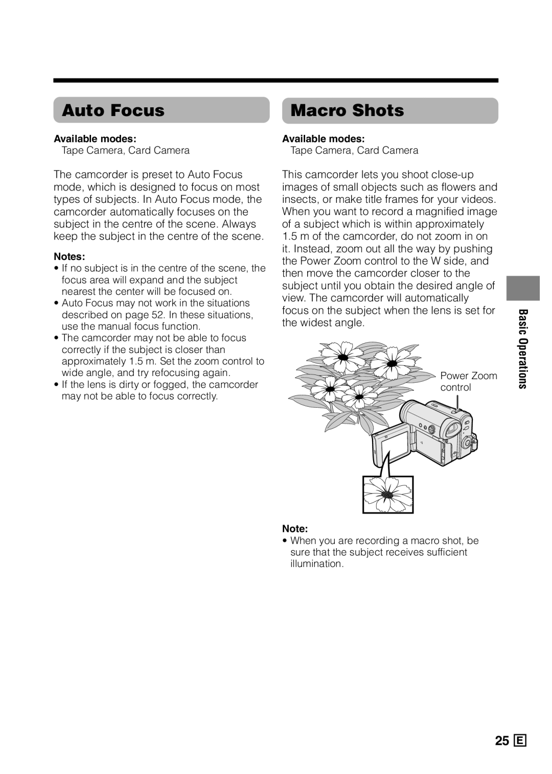 Sharp VL-Z5E operation manual Auto Focus Macro Shots, Available modes Tape Camera, Card Camera 