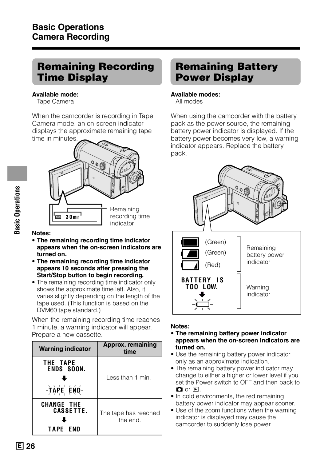 Sharp VL-Z5E operation manual Remaining Recording Time Display, Remaining Battery Power Display 