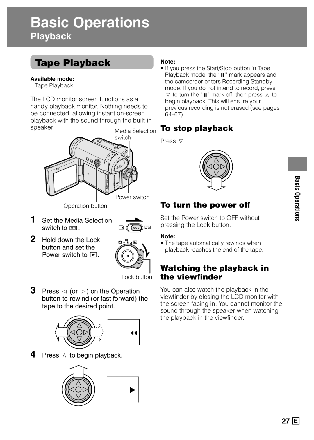 Sharp VL-Z5E To stop playback, Watching the playback in the viewfinder, Press l, Set the Power switch to OFF without 