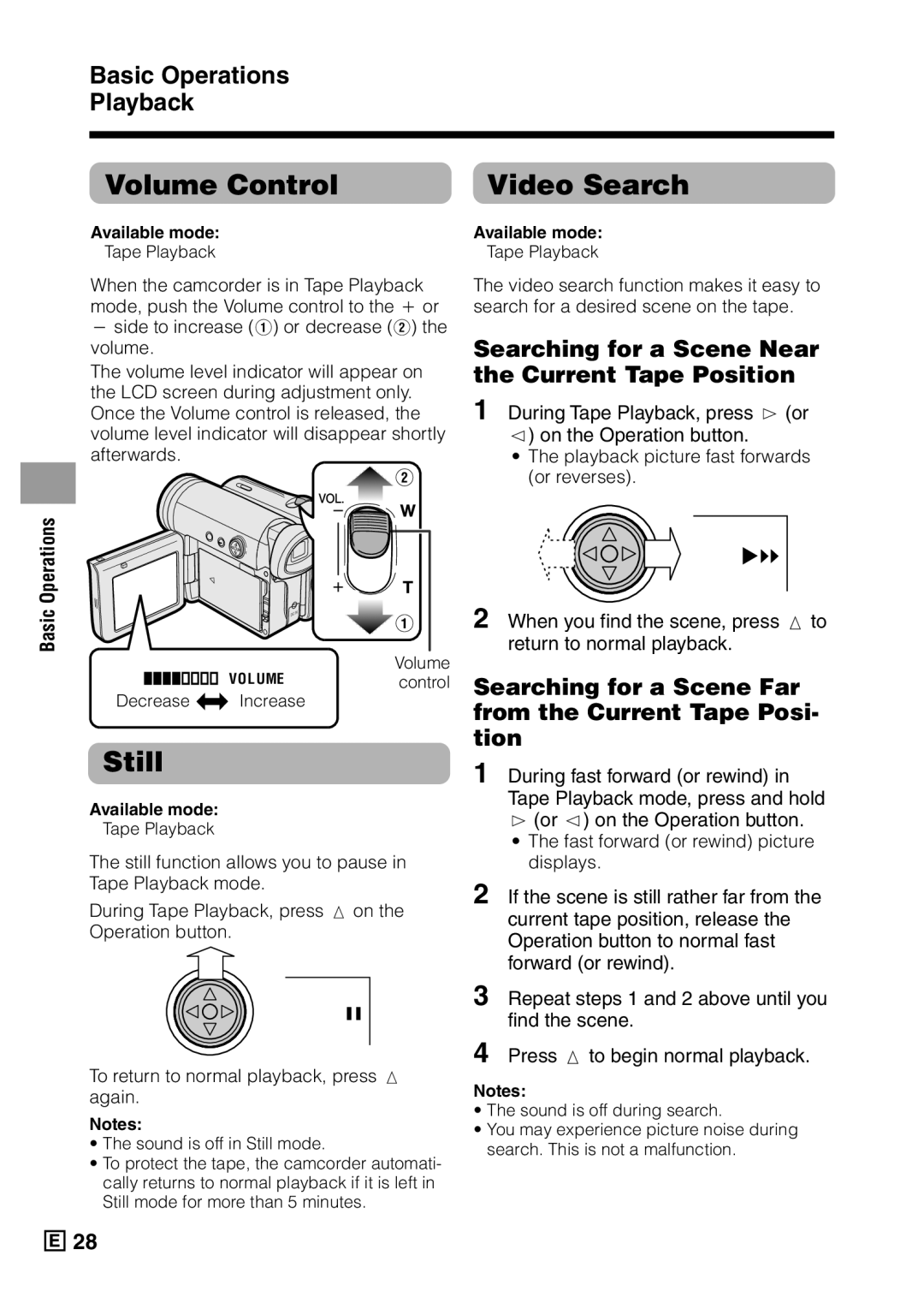 Sharp VL-Z5E operation manual Volume Control Video Search, Still, Basic Operations Playback 