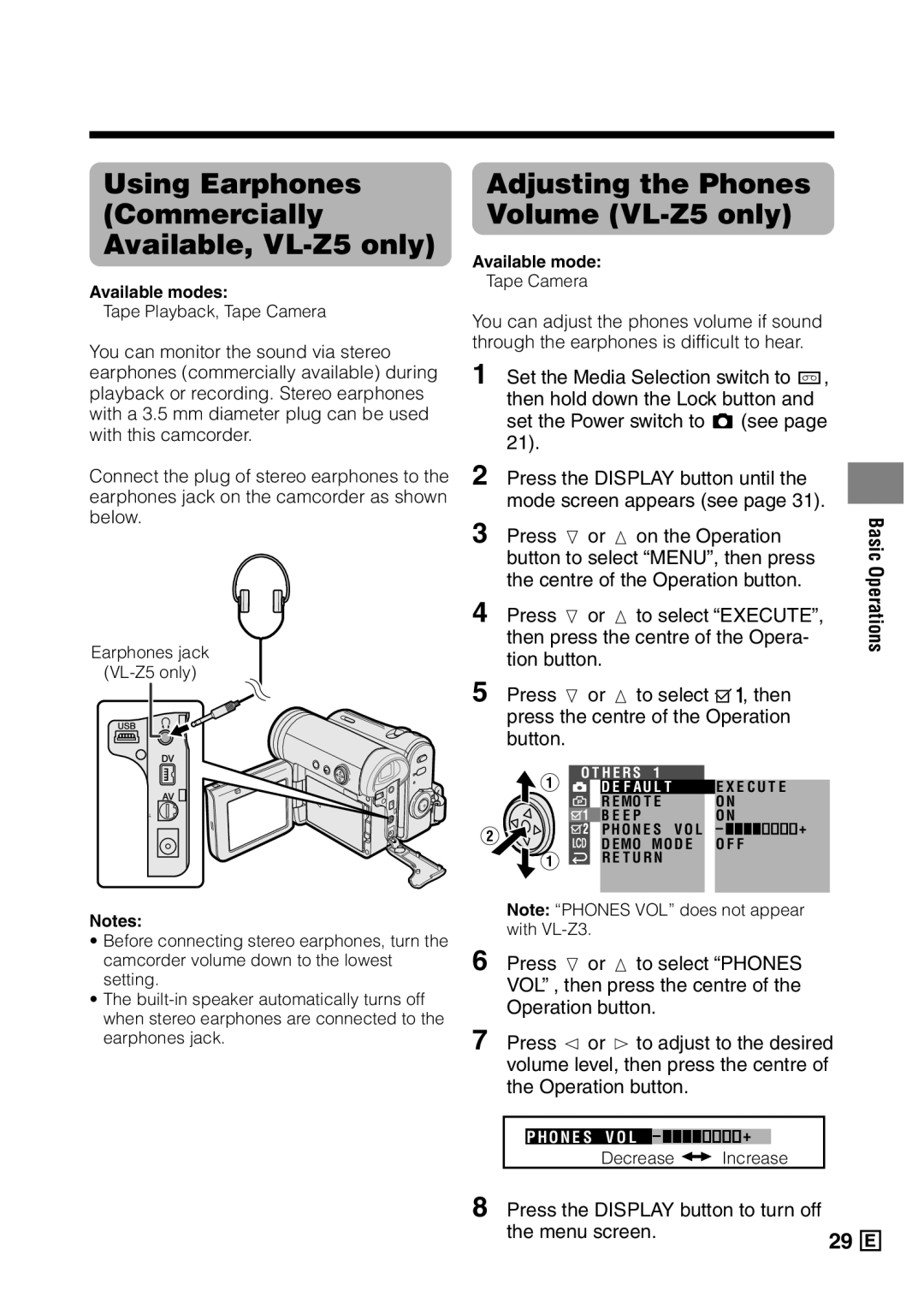 Sharp VL-Z5E operation manual Using Earphones Commercially Available, VL-Z5 only, Adjusting the Phones Volume VL-Z5 only 