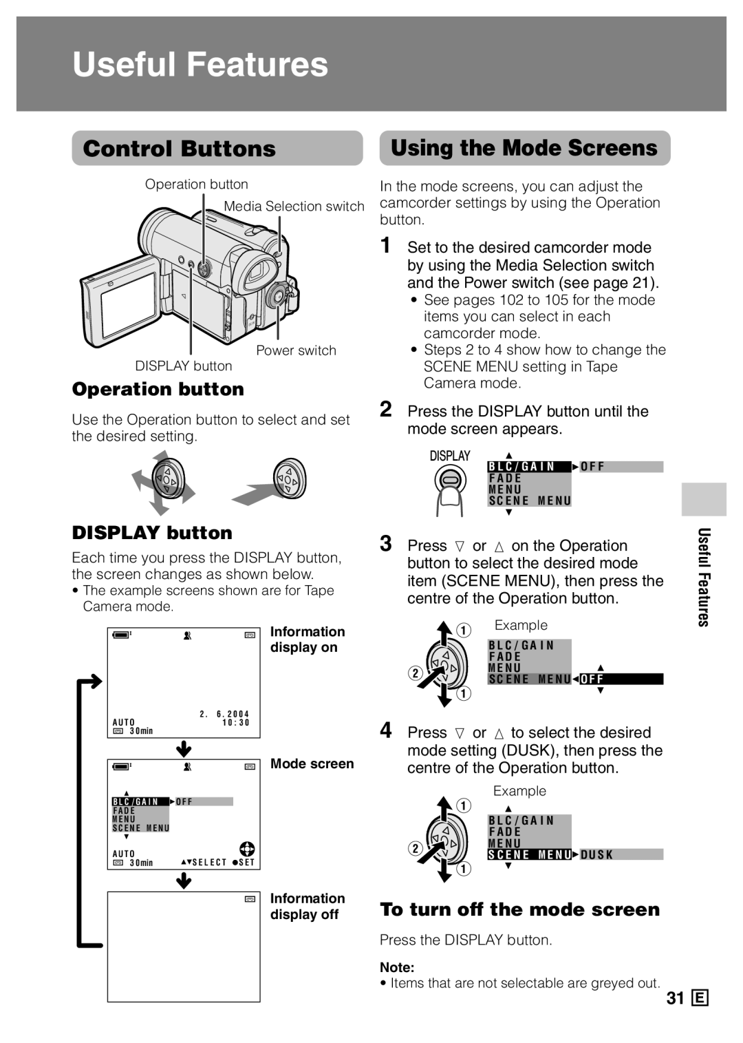 Sharp VL-Z5E Control Buttons Using the Mode Screens, Operation button, Display button, To turn off the mode screen 