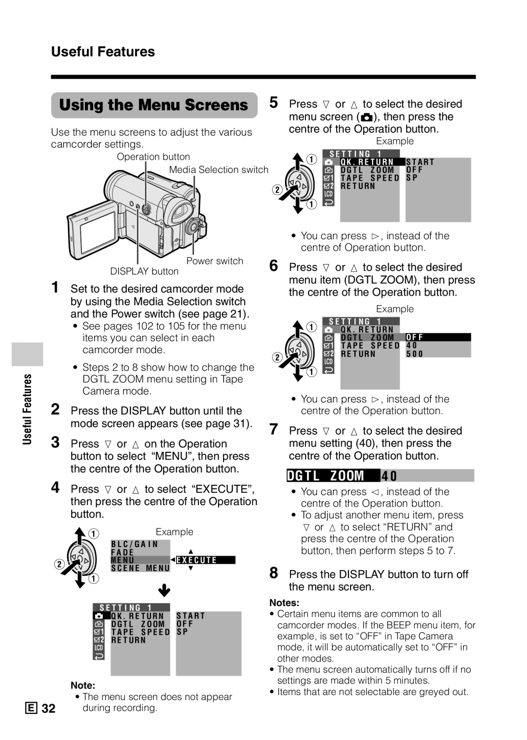 Sharp VL-Z5E operation manual Using the Menu Screens, Useful Features, DG T L Zoom 4 