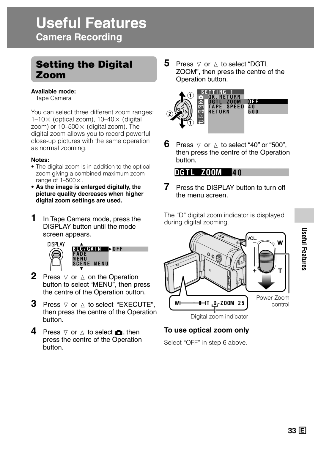 Sharp VL-Z5E operation manual Setting the Digital Zoom, To use optical zoom only, Select OFF in above, Power Zoom, Control 