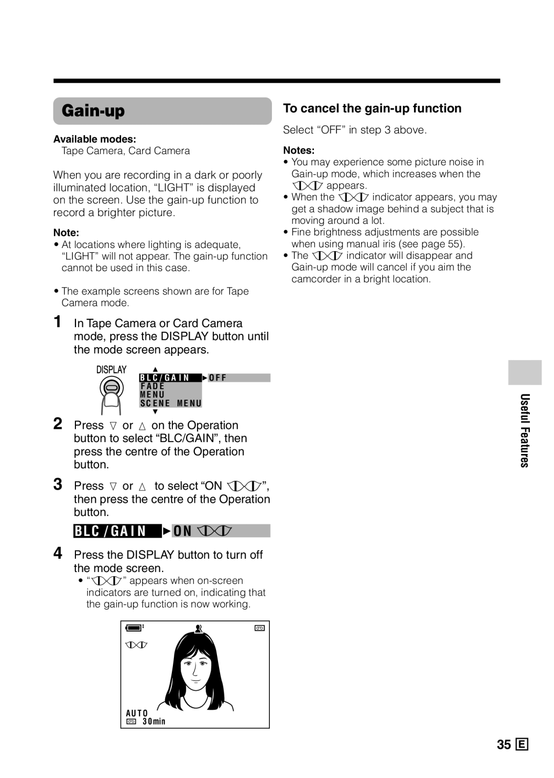 Sharp VL-Z5E operation manual Gain-up, To cancel the gain-up function 