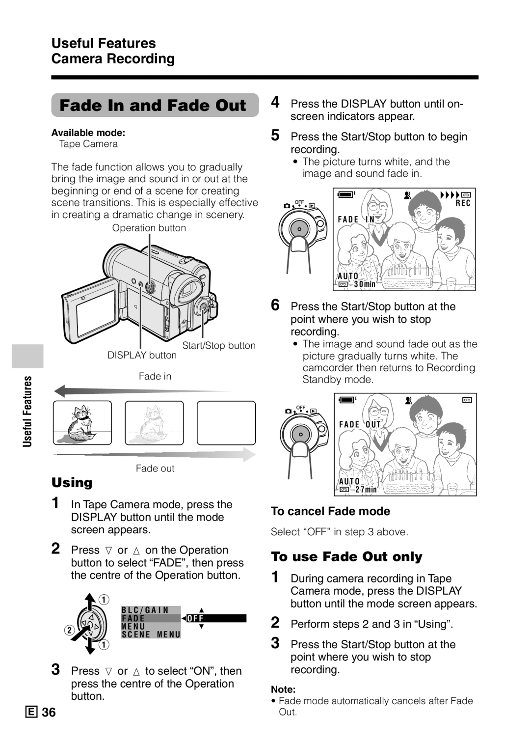 Sharp VL-Z5E operation manual Using, To use Fade Out only, Features, Useful, To cancel Fade mode 