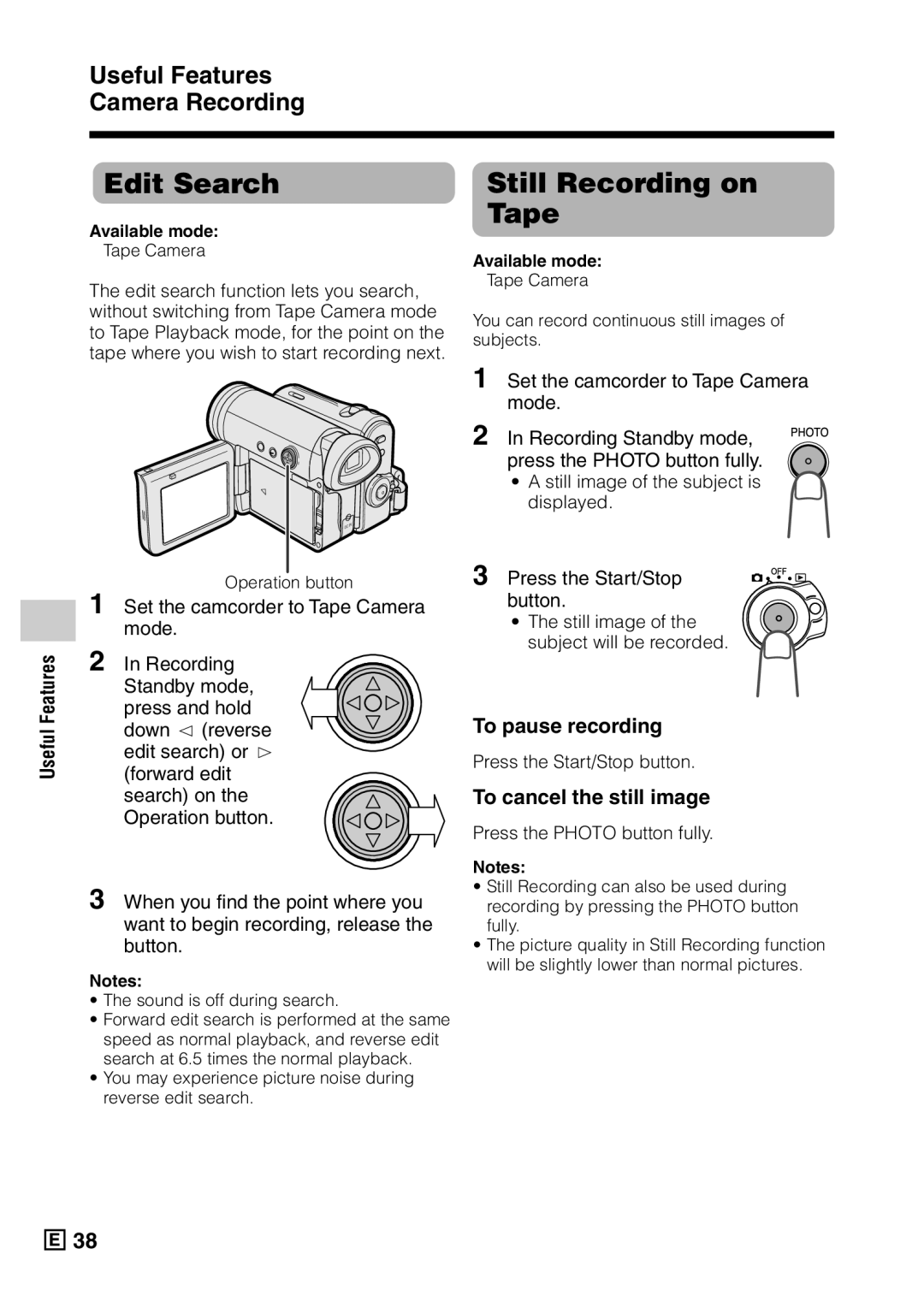 Sharp VL-Z5E operation manual Edit Search, Still Recording on Tape, Press the Start/Stop button, To pause recording 