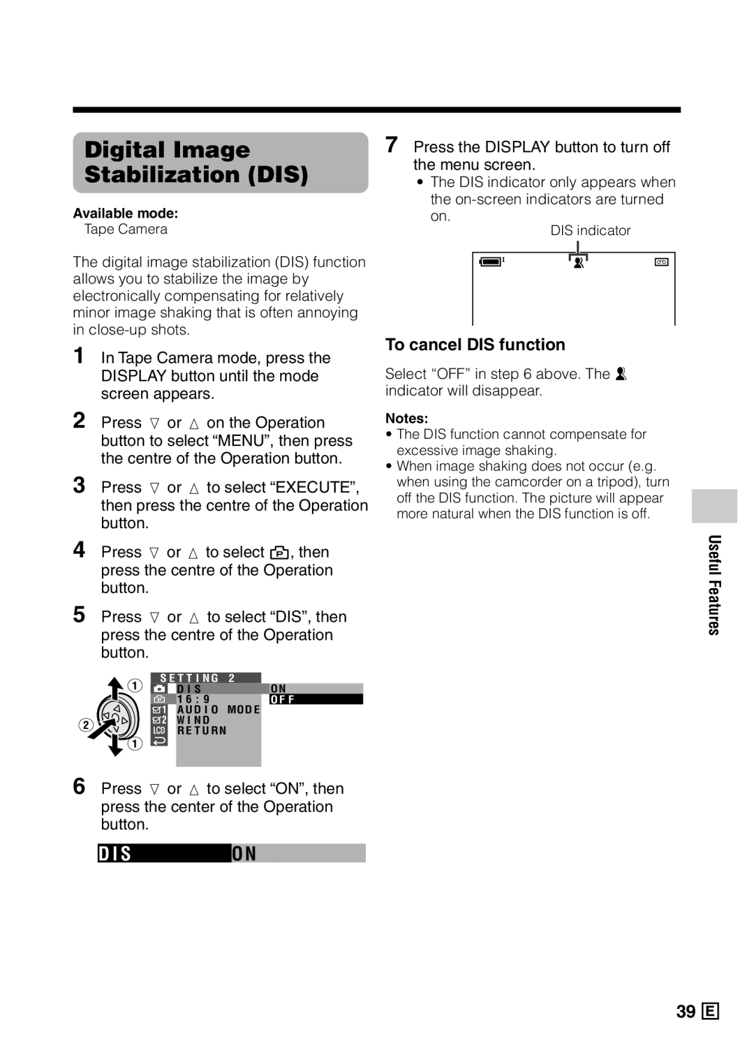 Sharp VL-Z5E operation manual Digital Image Stabilization DIS, So N, To cancel DIS function 