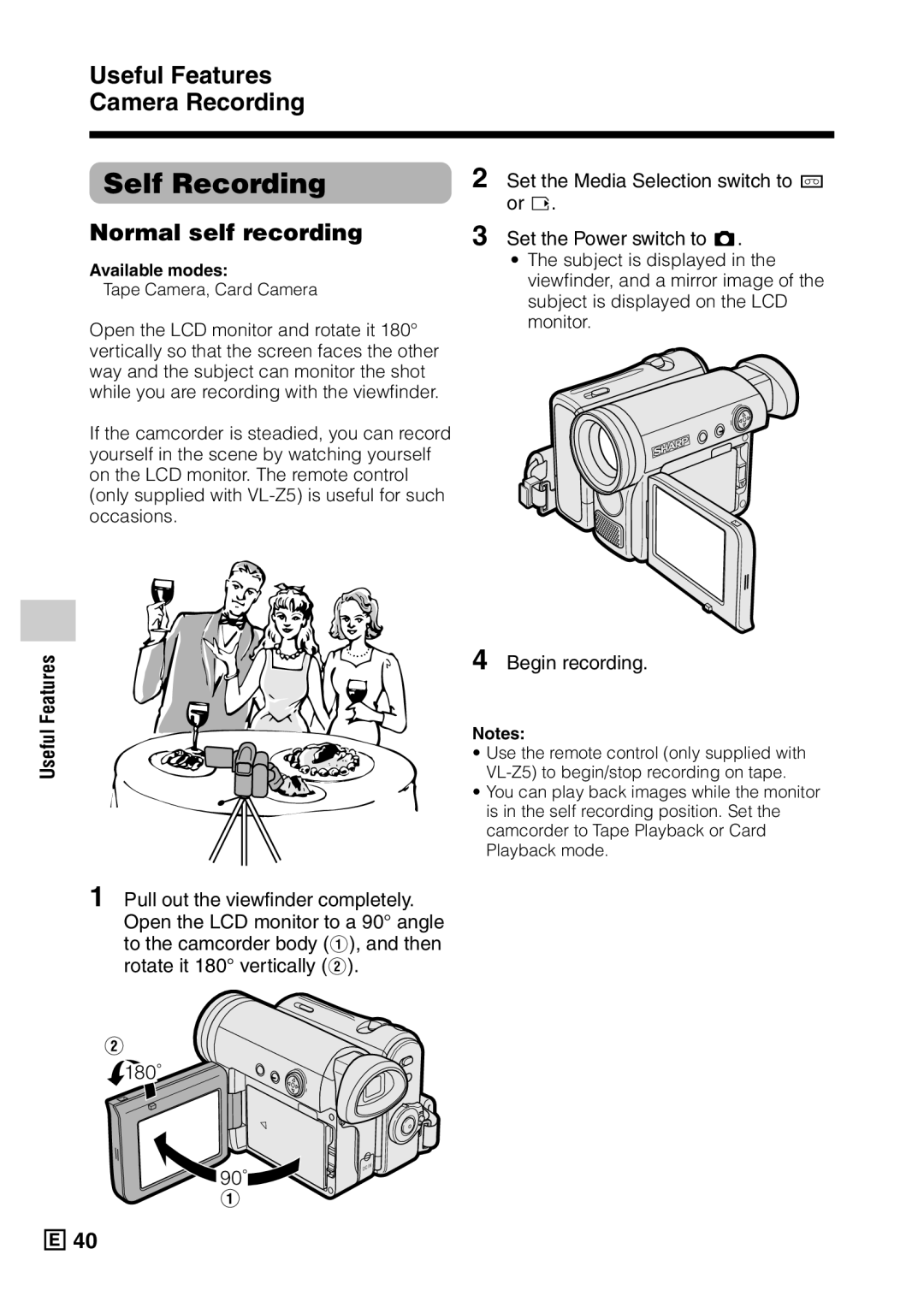 Sharp VL-Z5E operation manual Self Recording, Normal self recording, Or u, Set the Power switch to, Begin recording 