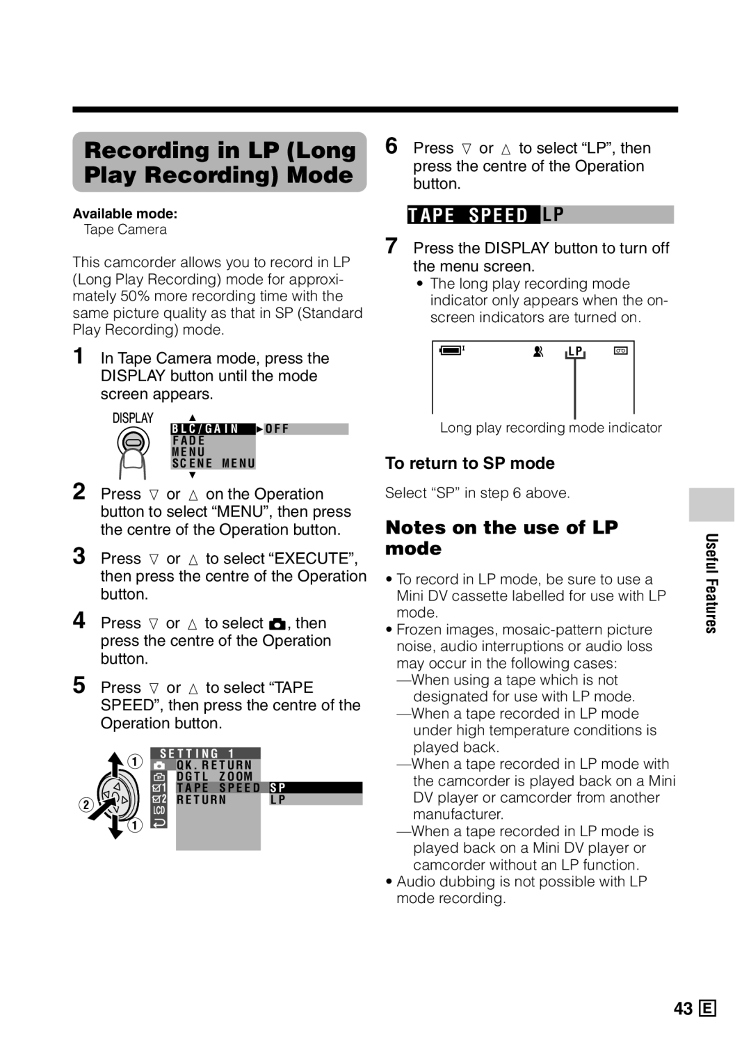 Sharp VL-Z5E operation manual Recording in LP Long Play Recording Mode, Ap E Sp E E D Lp, To return to SP mode 