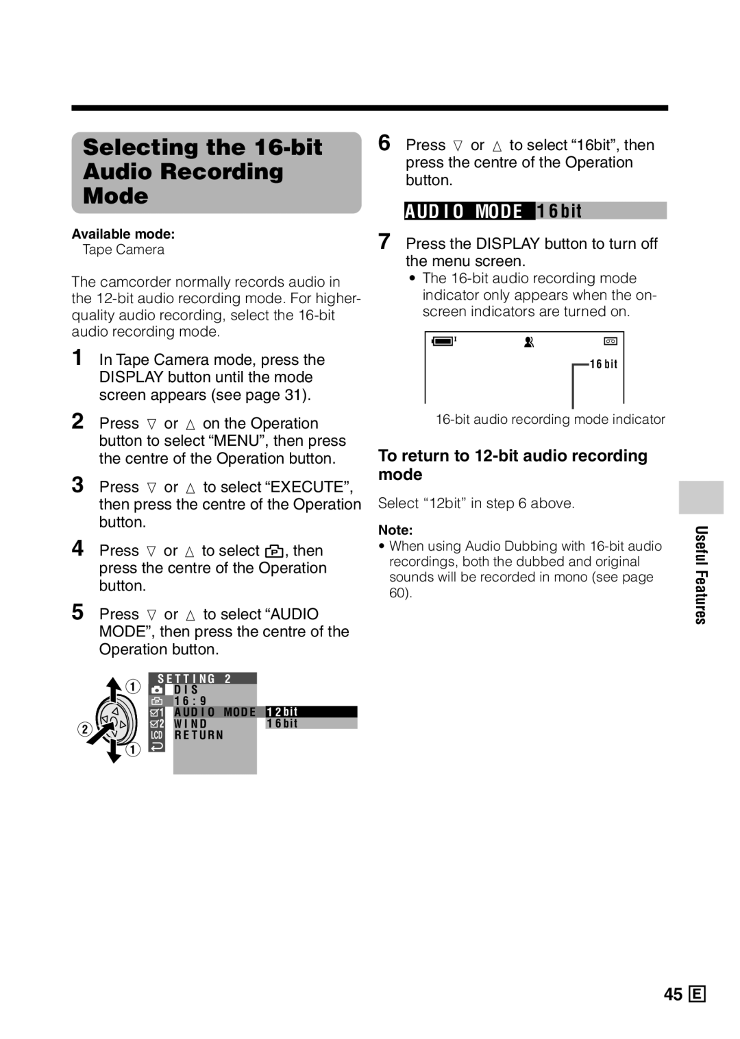 Sharp VL-Z5E Selecting the 16-bit Audio Recording Mode, To return to 12-bit audio recording mode, Select 12bit in above 