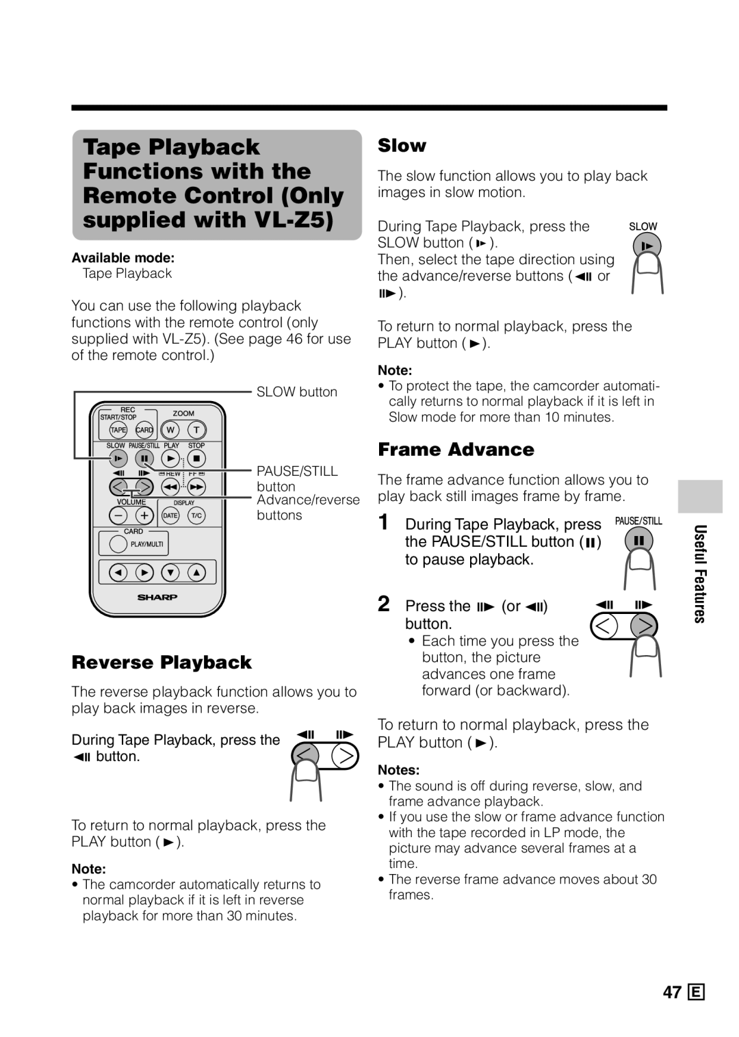 Sharp VL-Z5E operation manual Reverse Playback, Slow, Frame Advance, To return to normal playback, press the Play button t 