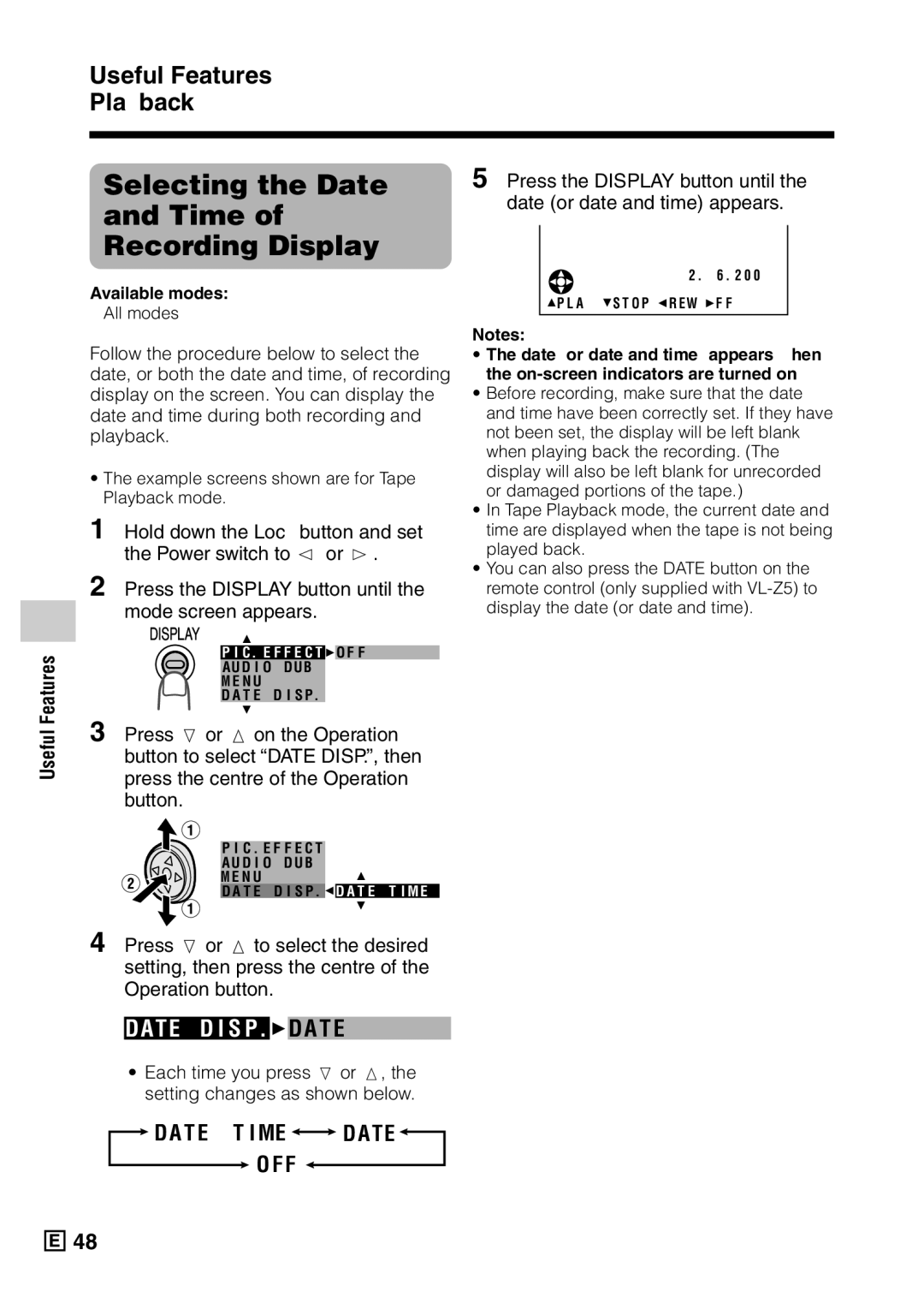 Sharp VL-Z5E operation manual Selecting the Date Time Recording Display, Useful Features Playback, Date D I S P. DA T E 