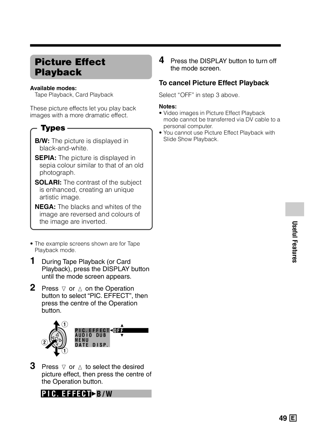 Sharp VL-Z5E operation manual Types, To cancel Picture Effect Playback 