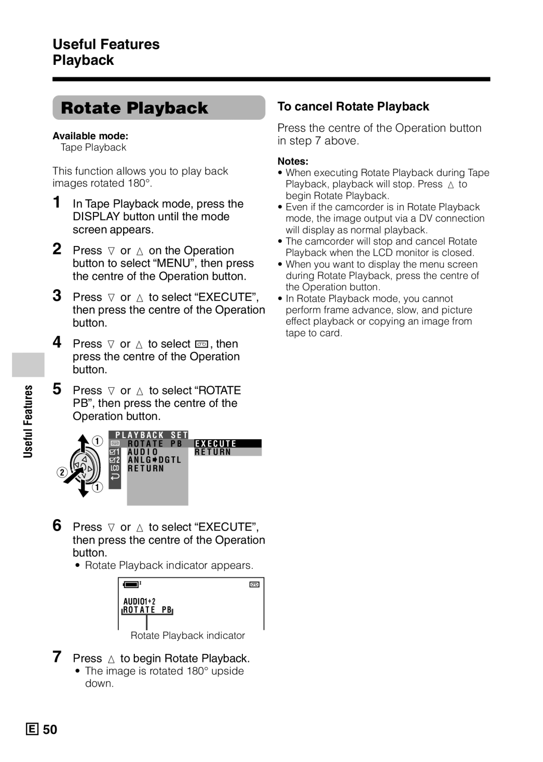 Sharp VL-Z5E operation manual To cancel Rotate Playback, Press the centre of the Operation button in above 