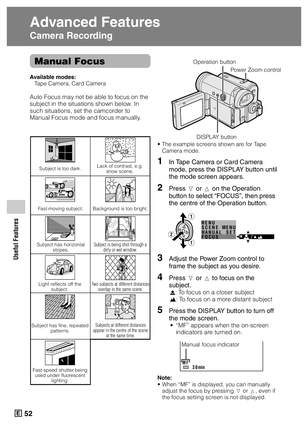 Sharp VL-Z5E operation manual Manual Focus, MF appears when the on-screen indicators are turned on 