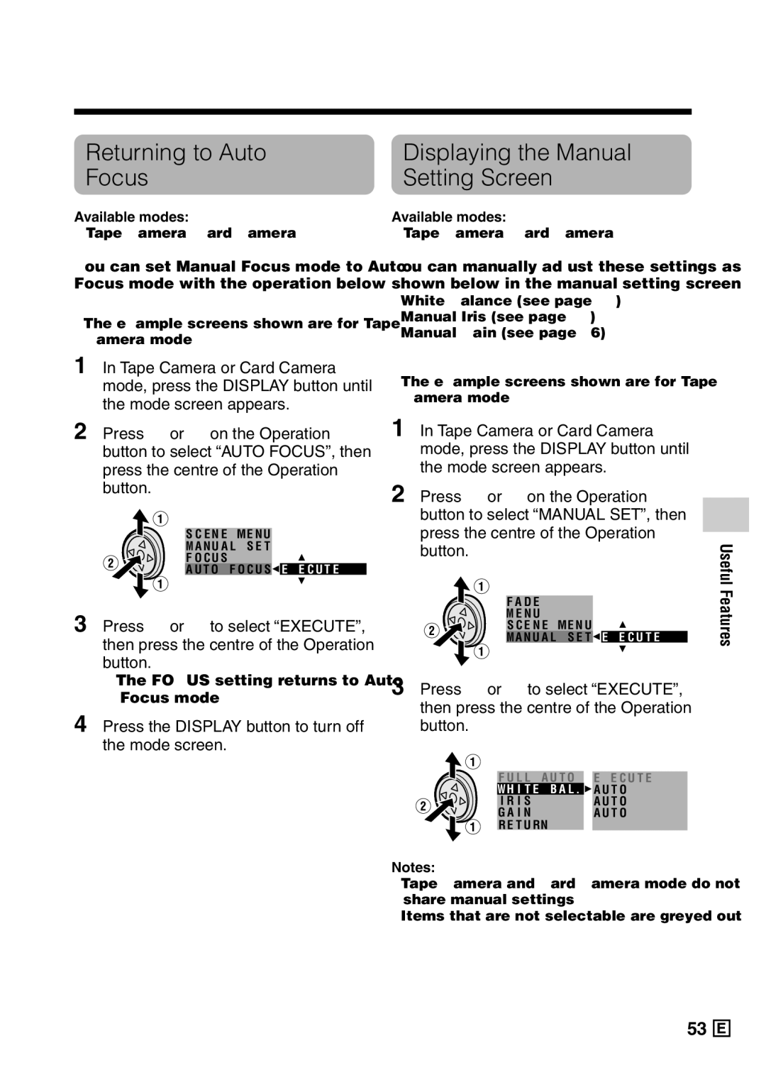 Sharp VL-Z5E Returning to Auto Focus, Displaying the Manual Setting Screen, Focus setting returns to Auto Focus mode 