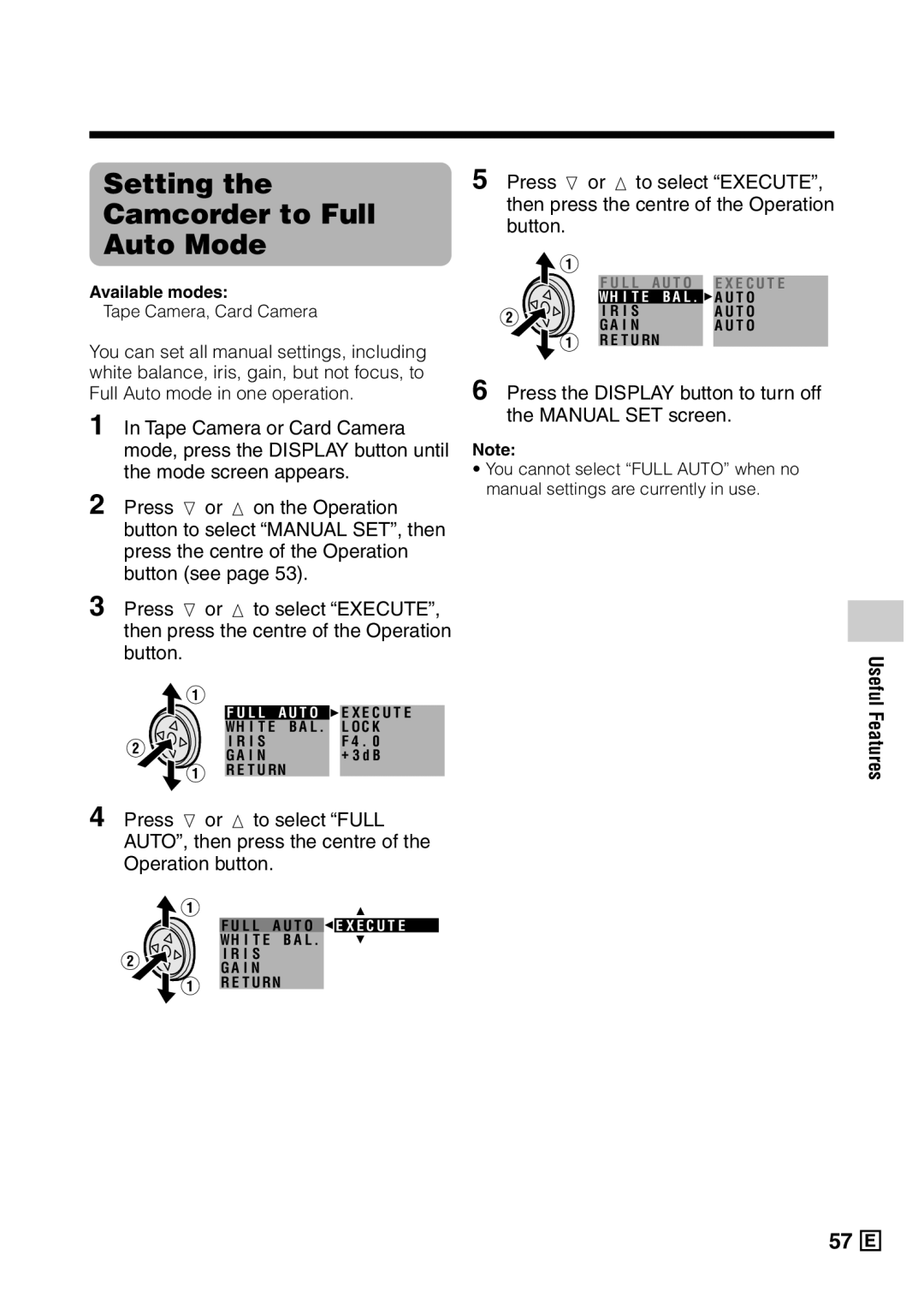 Sharp VL-Z5E operation manual Setting the Camcorder to Full Auto Mode, Features 