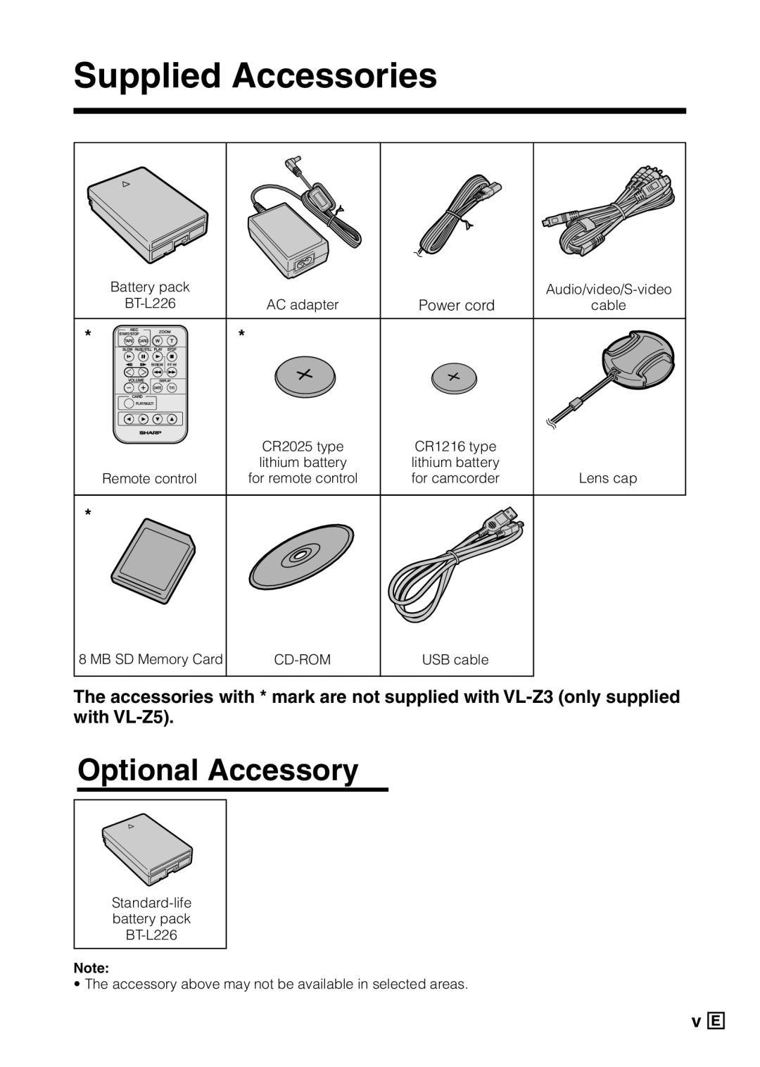 Sharp VL-Z5E operation manual Supplied Accessories 