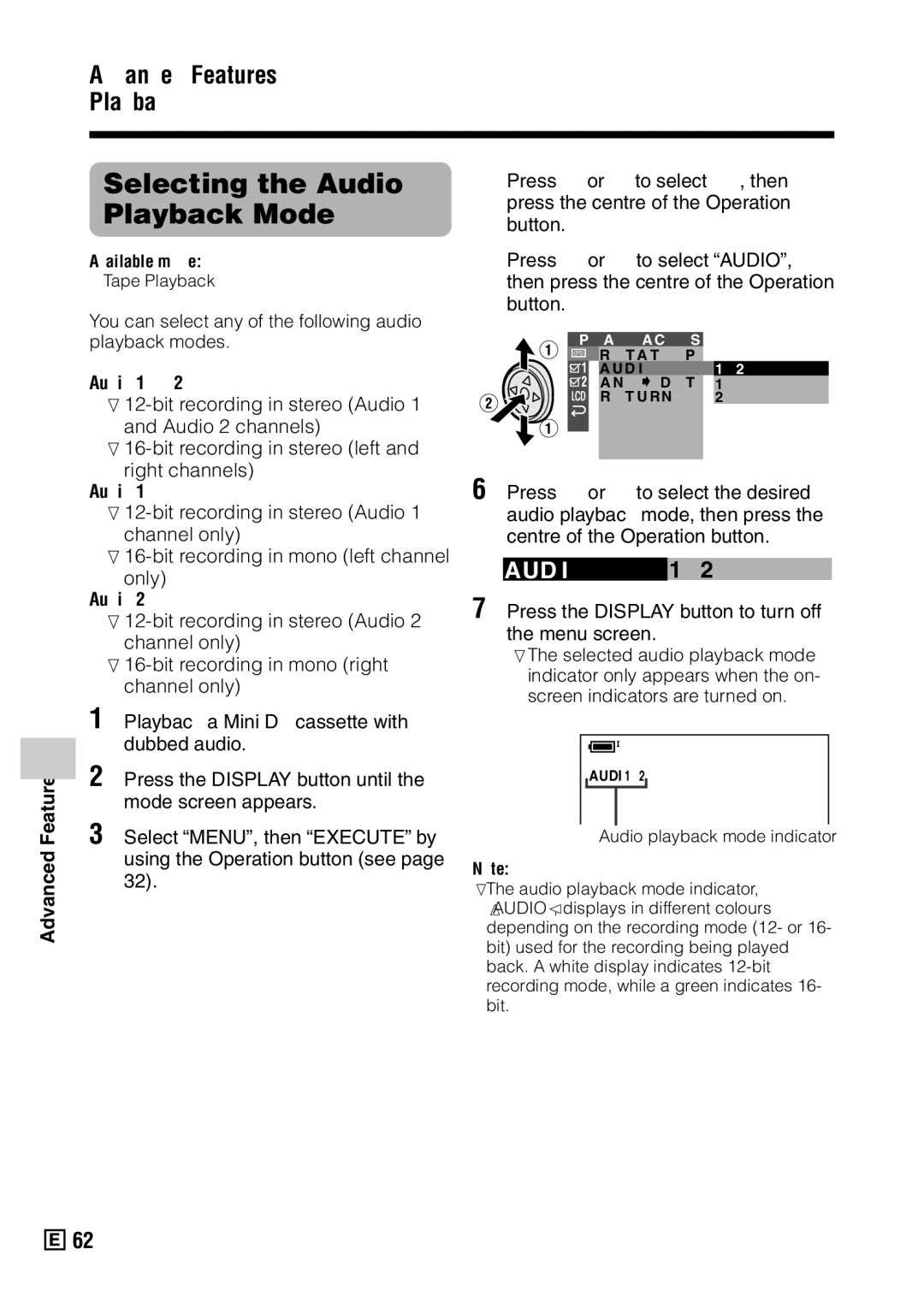 Sharp VL-Z5E Selecting the Audio Playback Mode, Aud I O, You can select any of the following audio playback modes 