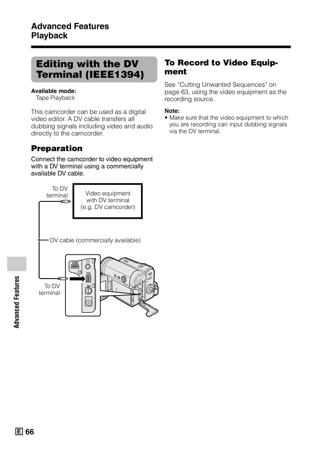 Sharp VL-Z5E operation manual Editing with the DV Terminal IEEE1394, To Record to Video Equip- ment 