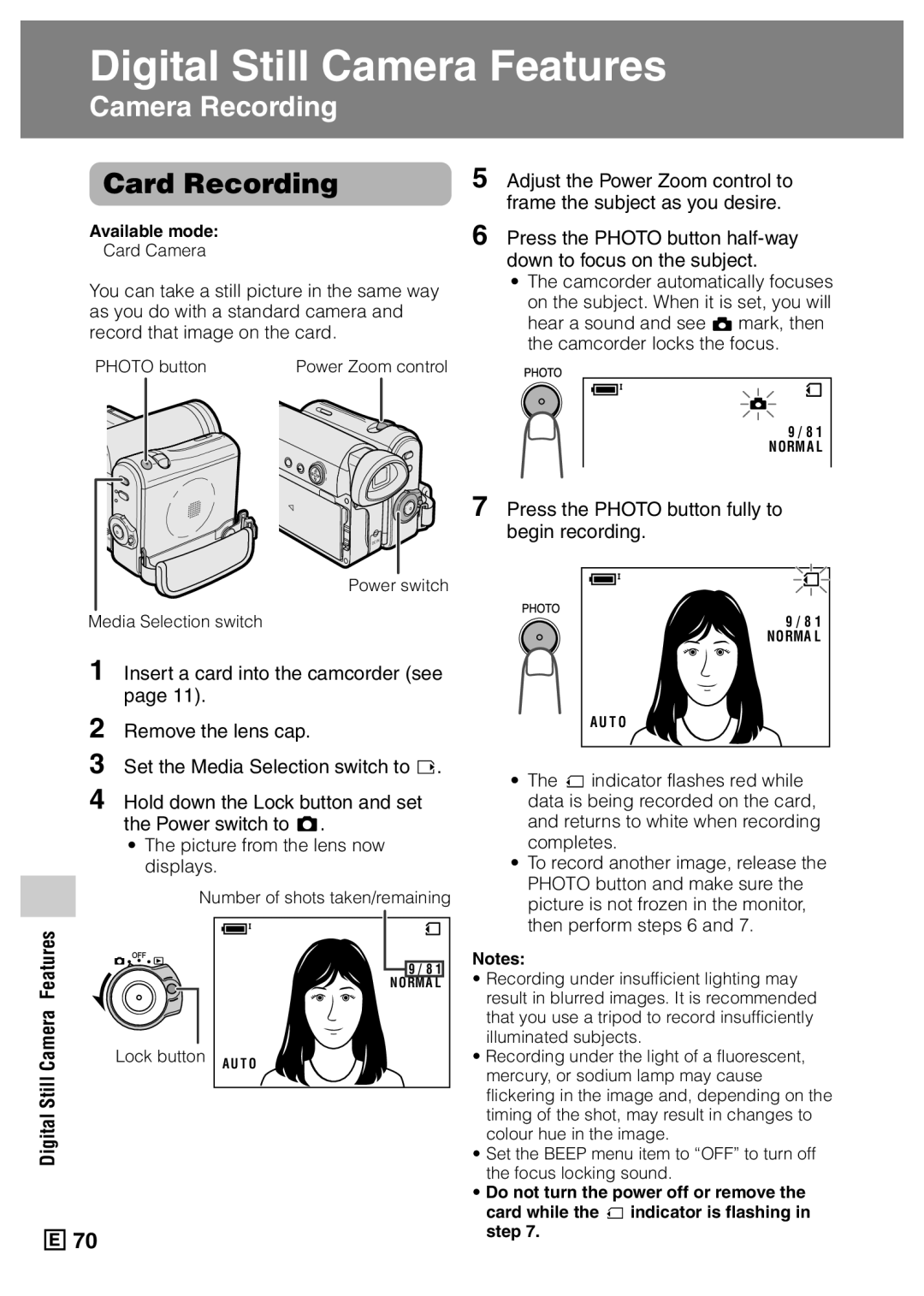 Sharp VL-Z5E operation manual Card Recording, Press the Photo button fully to begin recording 