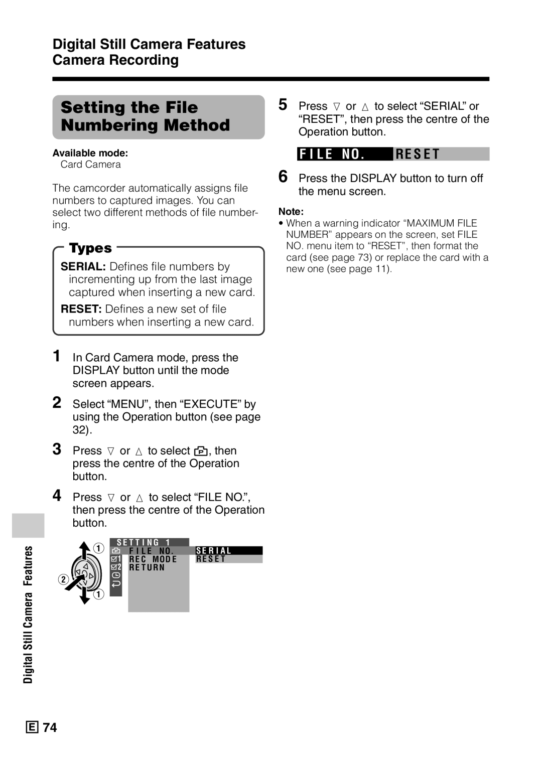 Sharp VL-Z5E operation manual Setting the File Numbering Method, L E no, Digital Still Camera Features 