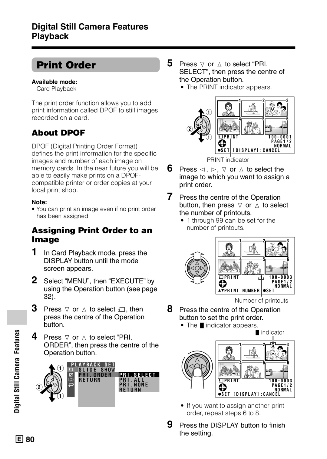 Sharp VL-Z5E About Dpof, Assigning Print Order to an Image, Press l or m to select PRI, Operation button 