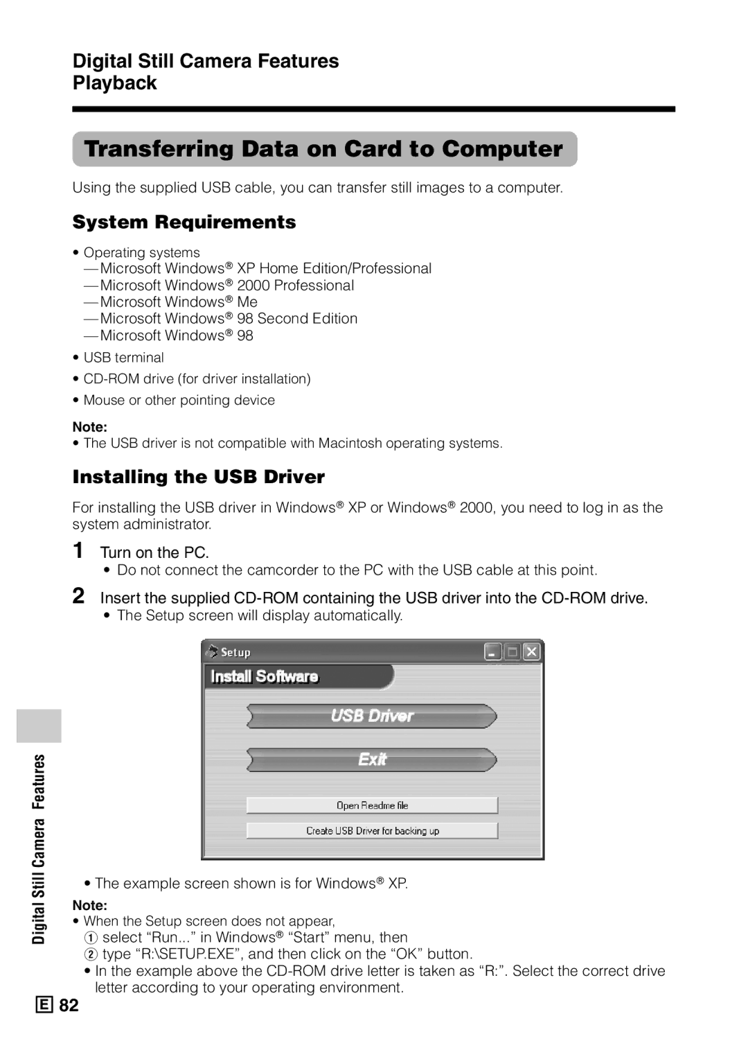 Sharp VL-Z5E Transferring Data on Card to Computer, System Requirements, Installing the USB Driver, Turn on the PC 