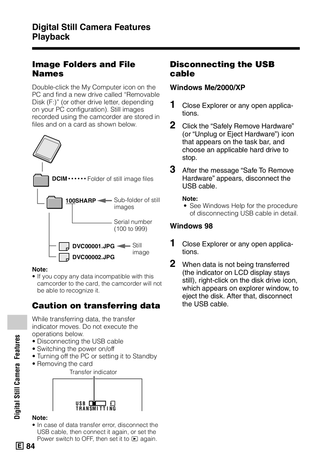 Sharp VL-Z5E operation manual Disconnecting the USB cable, Windows Me/2000/XP, Still Camera Features 