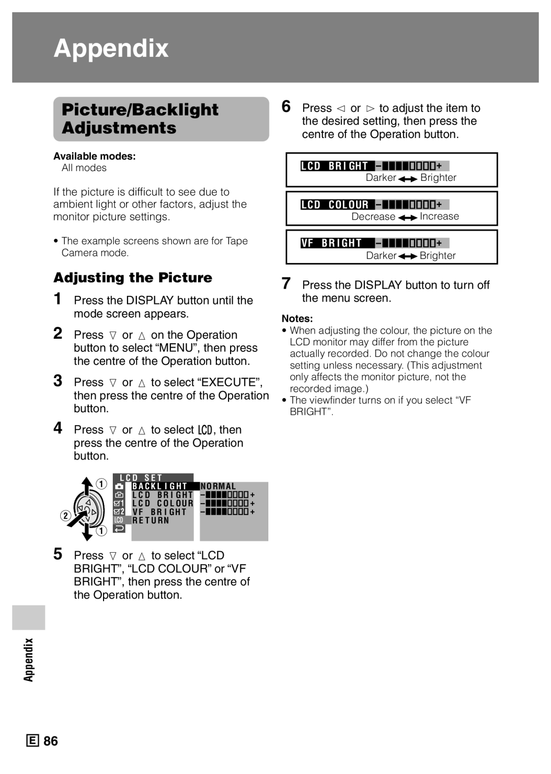 Sharp VL-Z5E operation manual Picture/Backlight Adjustments, Adjusting the Picture, Decrease, Darker Brighter 