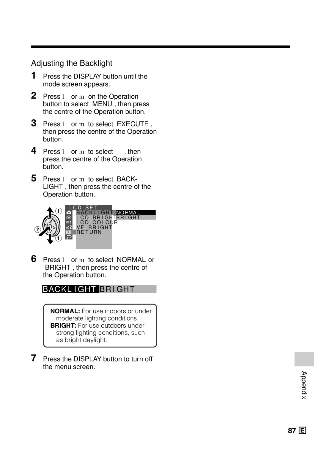 Sharp VL-Z5E operation manual Adjusting the Backlight, Ac K L I Ght Br I Gh T 