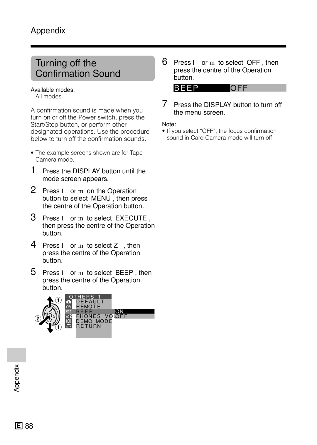 Sharp VL-Z5E operation manual Turning off, Confirmation Sound, Appendix, E P, Press l or m to select OFF, then 