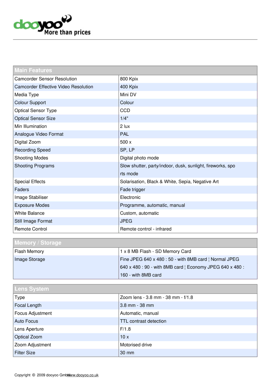 Sharp VL-Z5S manual Main Features, Memory / Storage, Lens System 