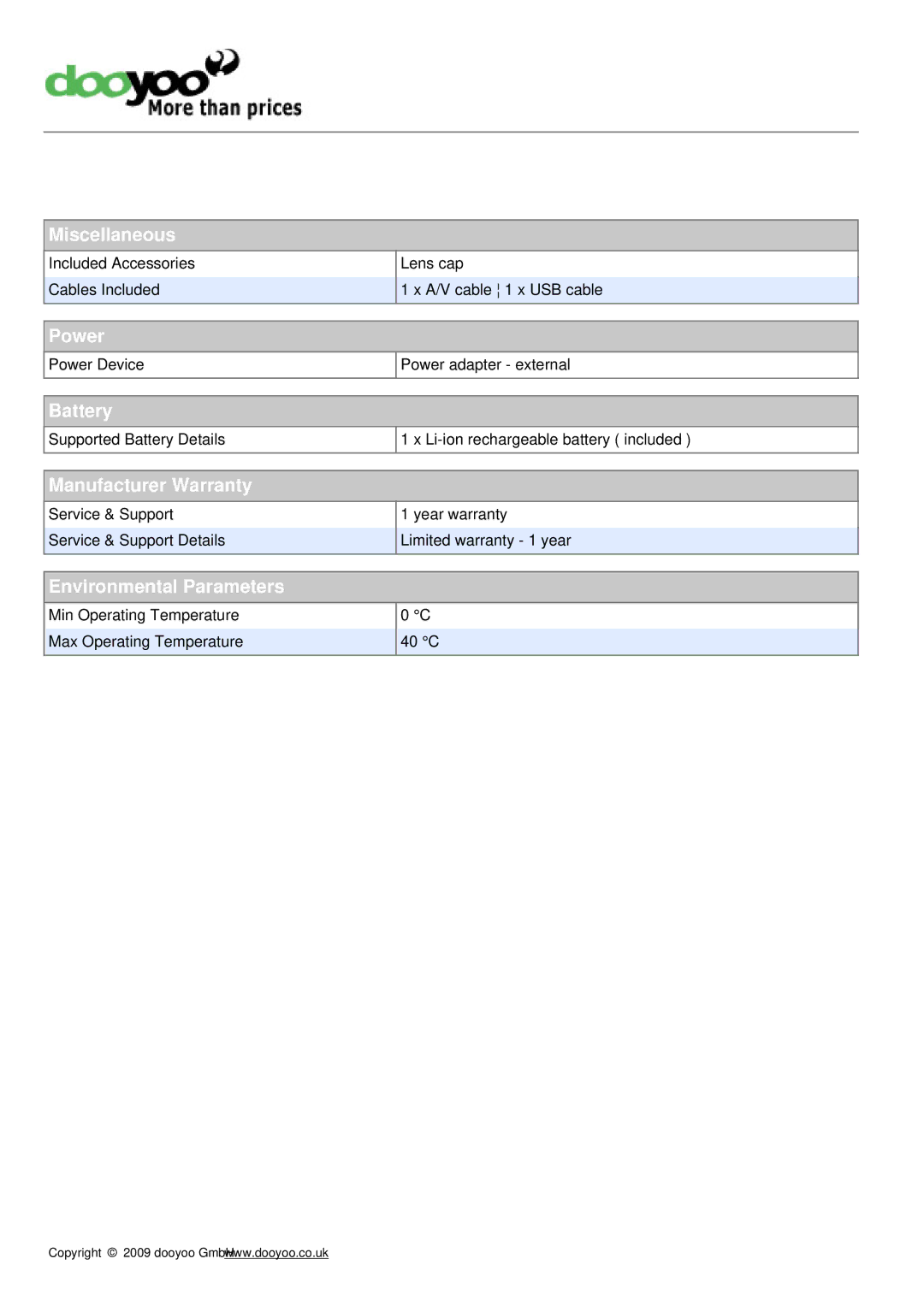 Sharp VL-Z5S manual Miscellaneous, Power, Battery, Manufacturer Warranty, Environmental Parameters 