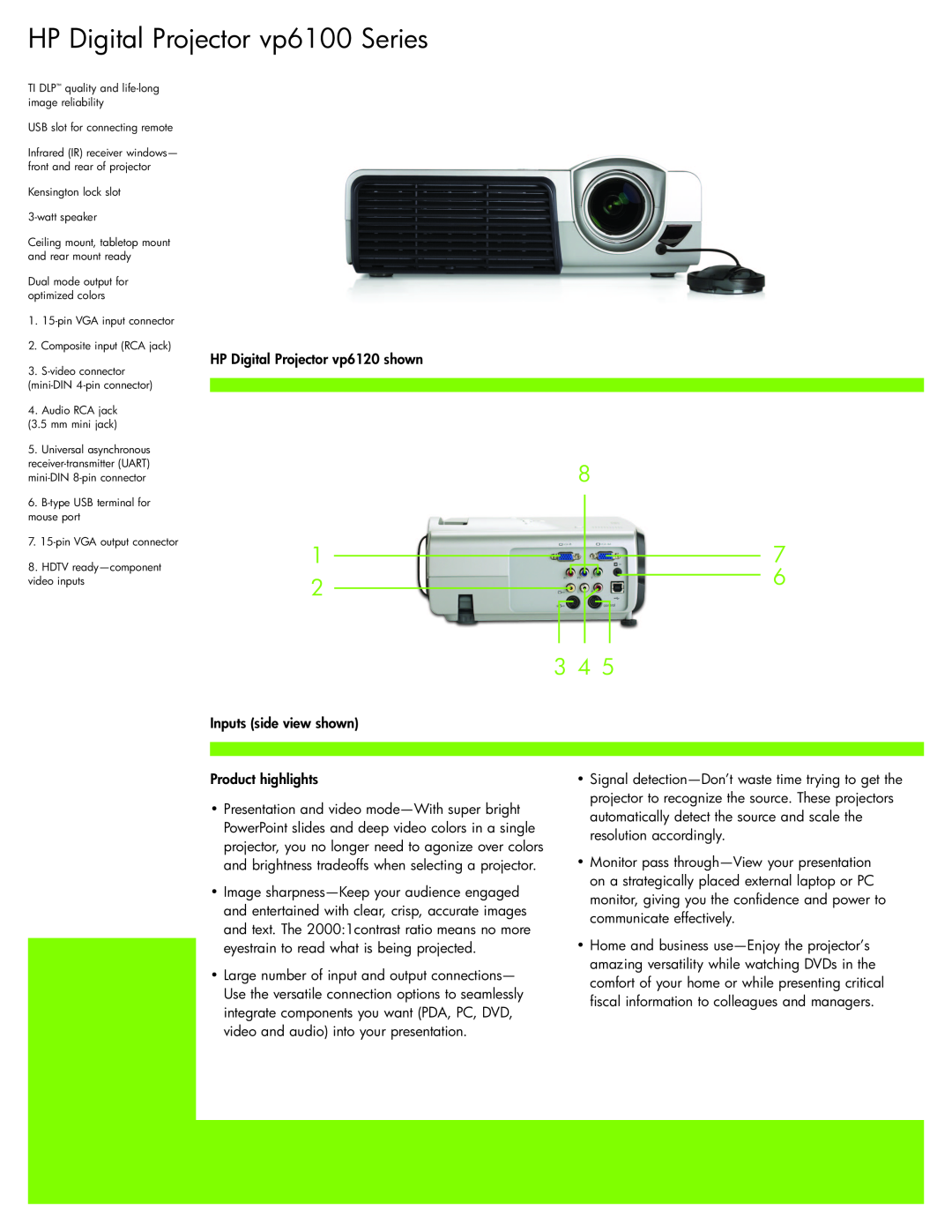 Sharp vp6110 warranty HP Digital Projector vp6100 Series, HP Digital Projector vp6120 shown, Inputs side view shown 