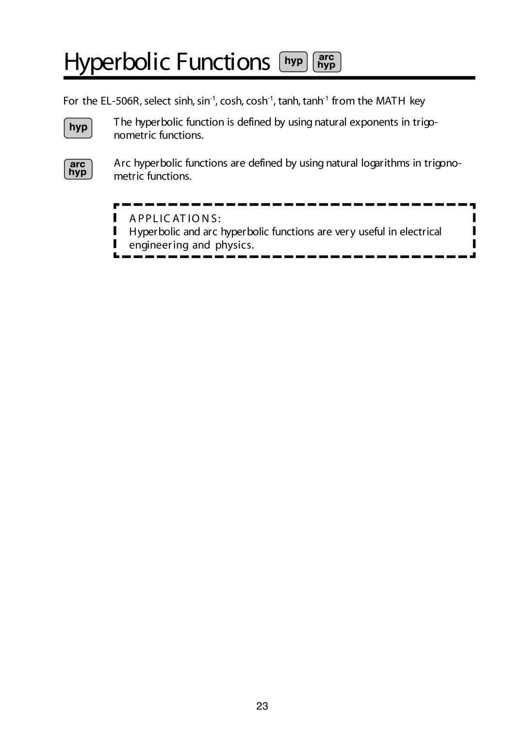 Sharp V/R manual Hyperbolic Functions 