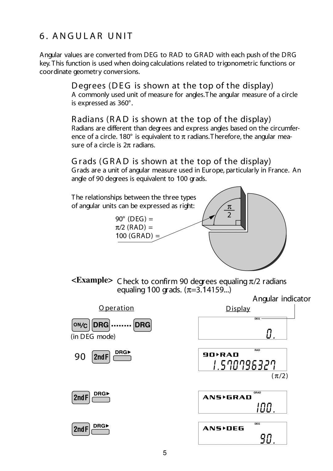 Sharp V/R manual N G U L a R U N I T, Adians R a D is shown at the top of the display 