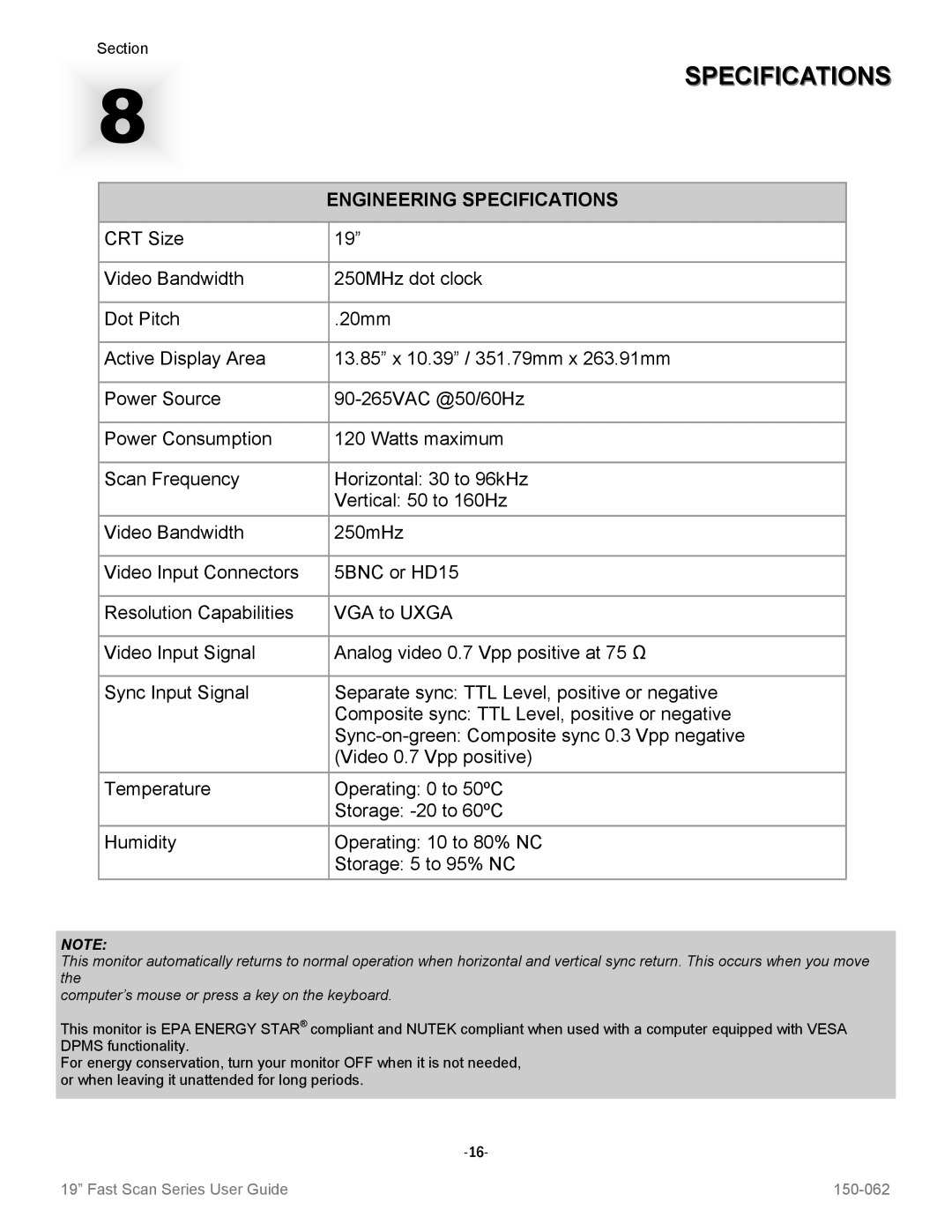 Sharp VT19B-PW manual Engineering Specifications 